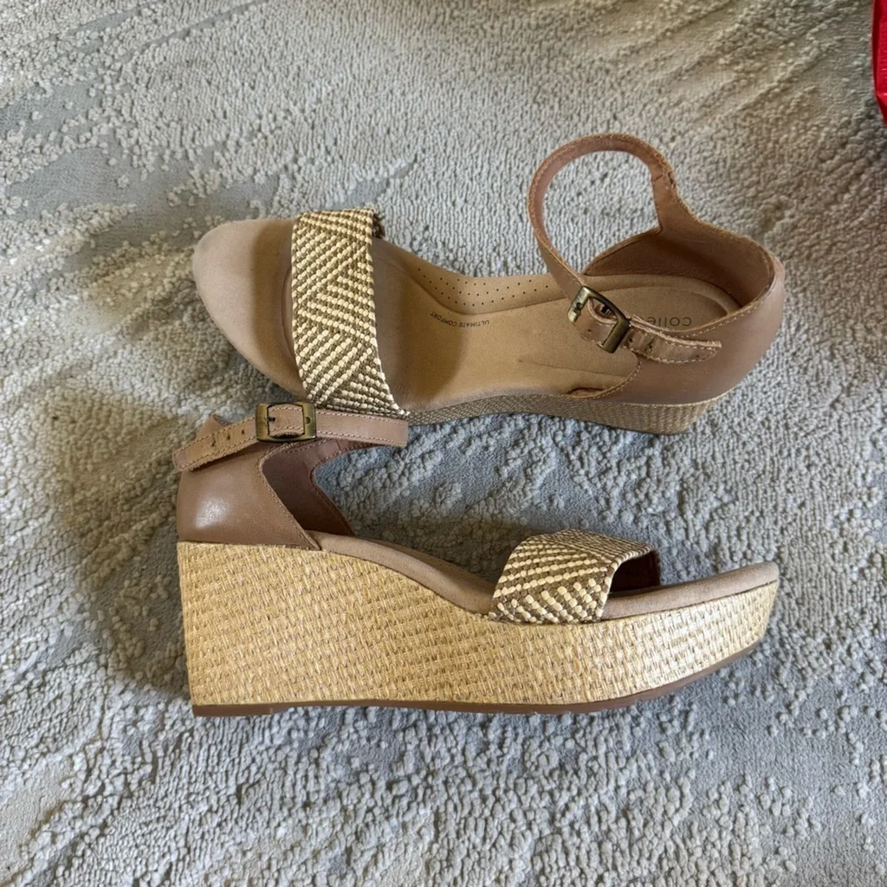 Clarks Rose Ease Ankle Strap Espadrille Platform Wedge Sandals nuetral tan 10
